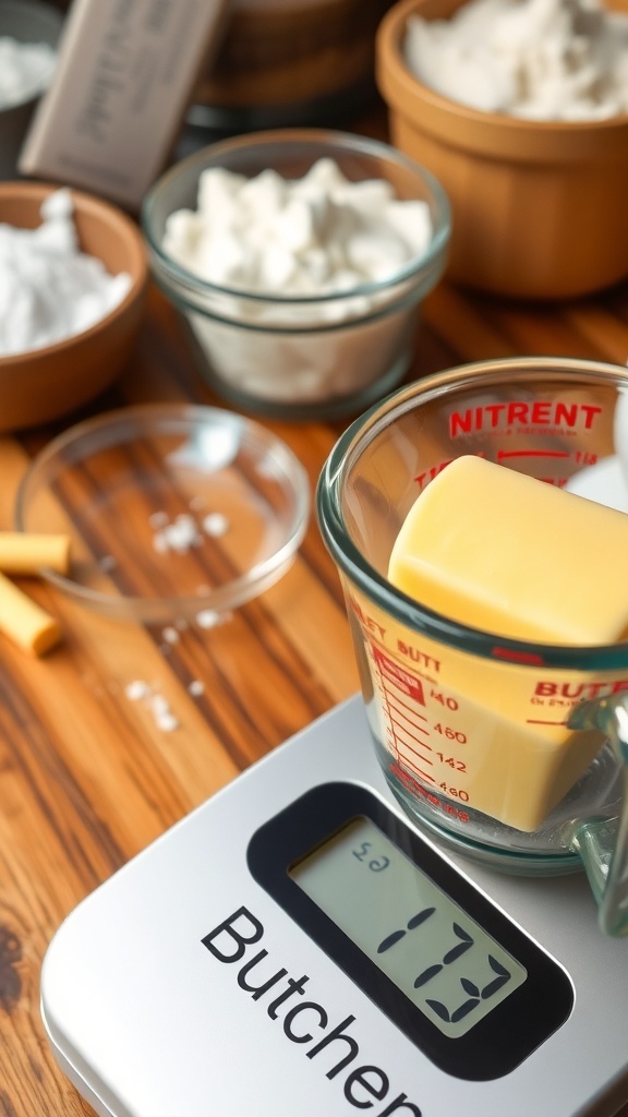 Measuring cup with butter and a scale showing 113 grams.